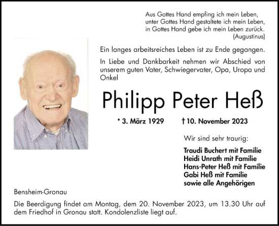 Traueranzeige von Philipp Peter Heß von Bergsträßer Anzeiger