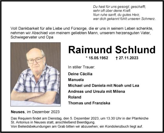 Traueranzeige von Raimund Schlund von Fränkische Nachrichten