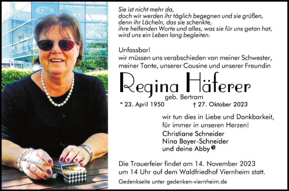  Traueranzeige für Regina Häferer vom 04.11.2023 aus Mannheimer Morgen