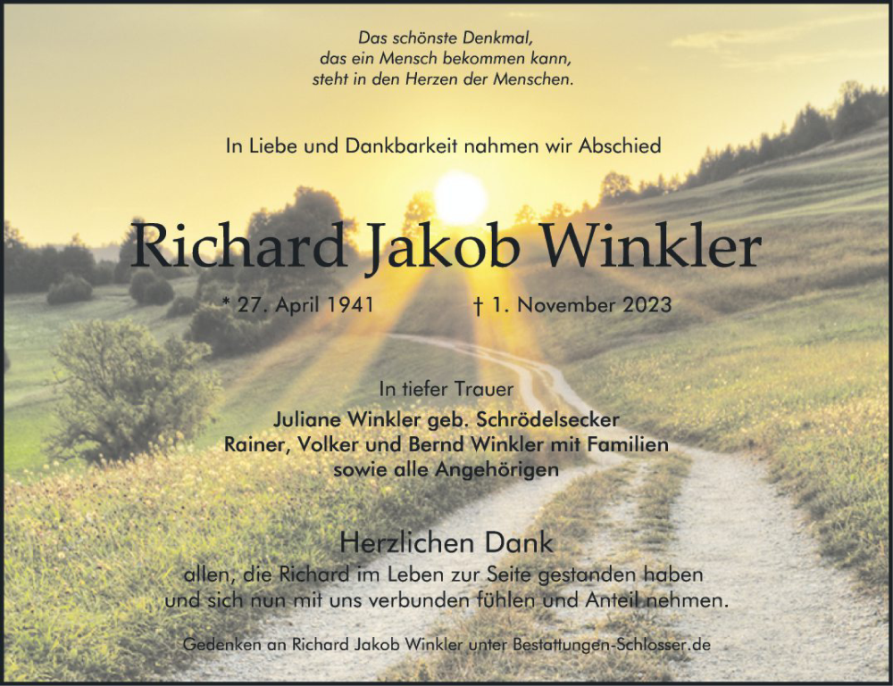  Traueranzeige für Richard Jakob Winkler vom 18.11.2023 aus Mannheimer Morgen
