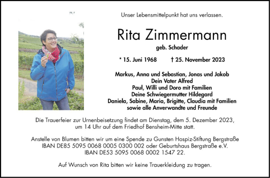 Traueranzeige von Rita Zimmermann von Bergsträßer Anzeiger