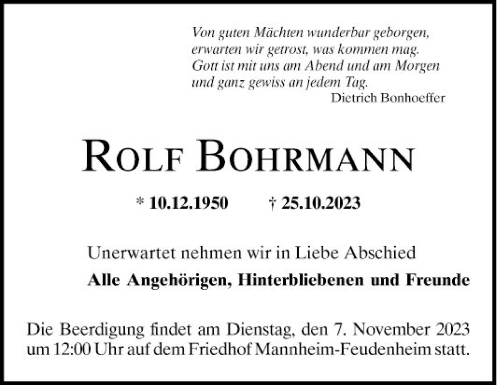  Traueranzeige für Rolf Bohrmann vom 04.11.2023 aus Mannheimer Morgen