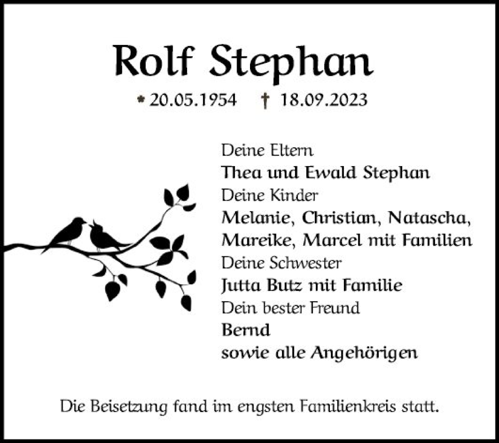  Traueranzeige für Rolf Stephan vom 18.11.2023 aus Schwetzinger Zeitung