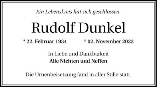 Traueranzeige von Rudolf Dunkel von Mannheimer Morgen