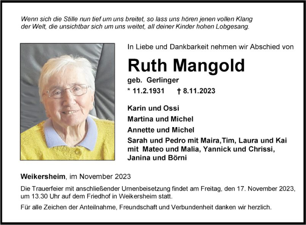  Traueranzeige für Ruth Mangold vom 14.11.2023 aus Fränkische Nachrichten