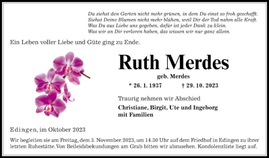 Traueranzeige von Ruth Merdes von Mannheimer Morgen