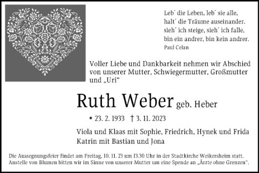  Traueranzeige für Ruth Weber vom 09.11.2023 aus Fränkische Nachrichten