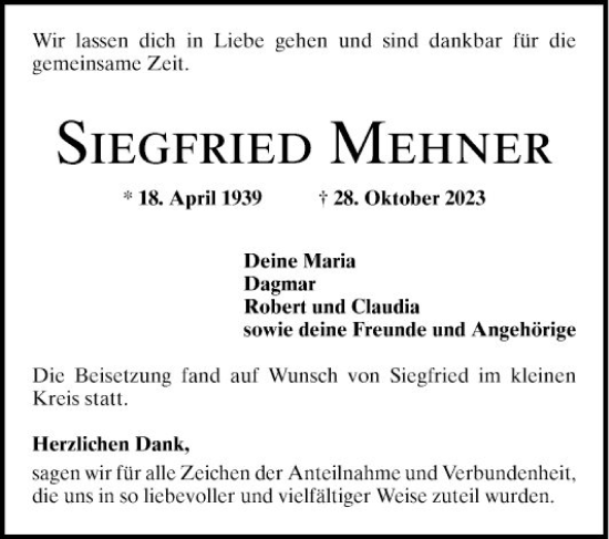 Traueranzeige von Siegfried Mehner von Mannheimer Morgen