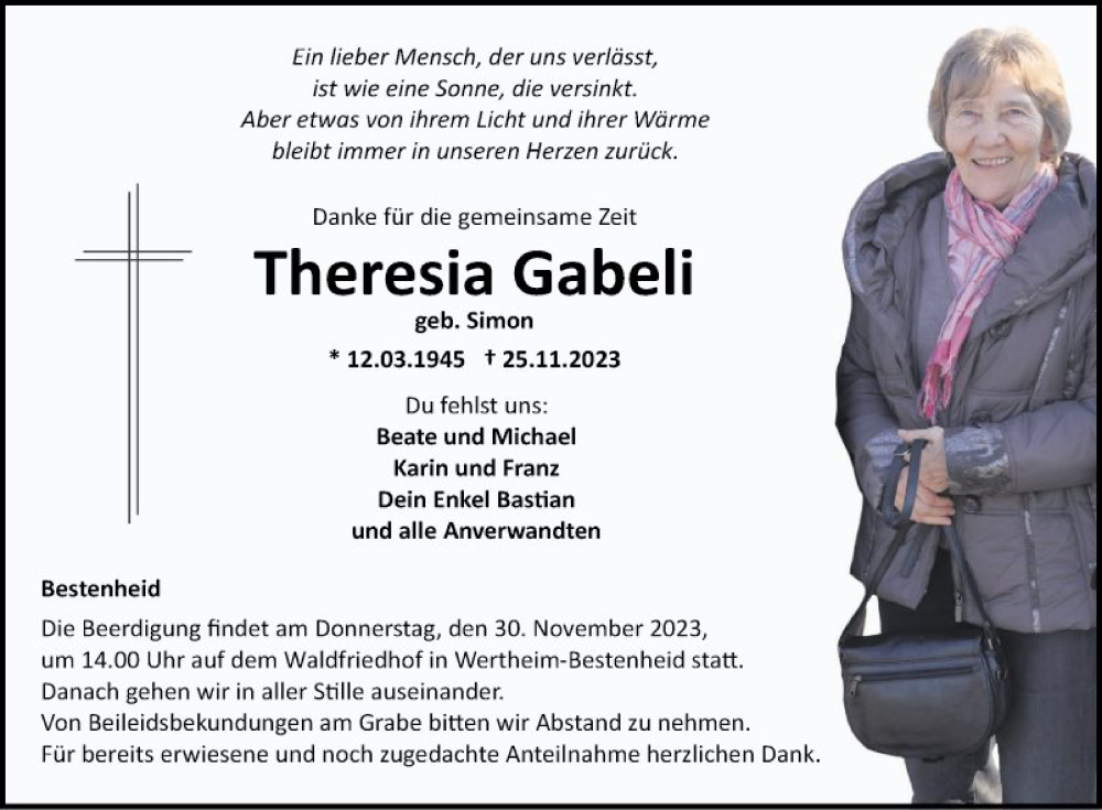  Traueranzeige für Theresia Gabeli vom 28.11.2023 aus Fränkische Nachrichten