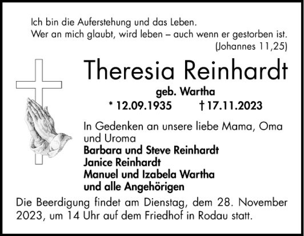  Traueranzeige für Theresia Reinhardt vom 25.11.2023 aus Bergsträßer Anzeiger