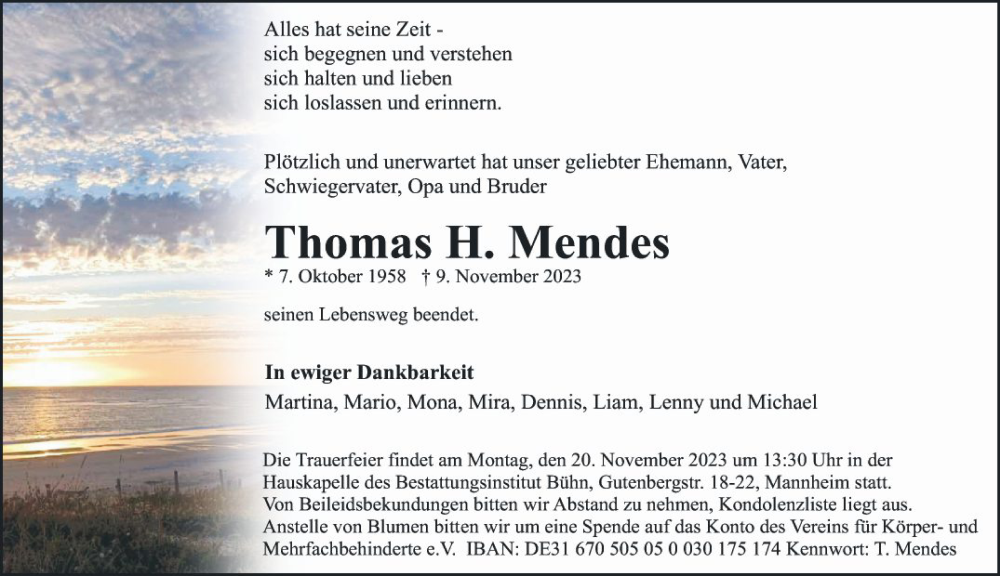  Traueranzeige für Thomas H. Mendes vom 18.11.2023 aus Mannheimer Morgen