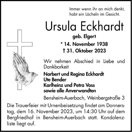 Traueranzeige von Ursula Eckhardt von Bergsträßer Anzeiger