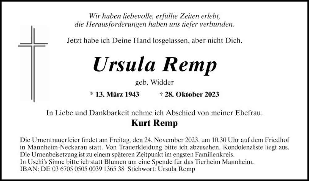  Traueranzeige für Ursula Remp vom 11.11.2023 aus Mannheimer Morgen