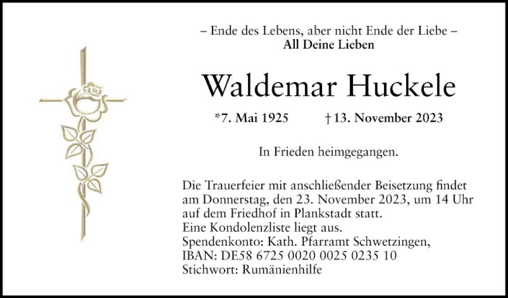  Traueranzeige für Waldemar Huckele vom 21.11.2023 aus Schwetzinger Zeitung