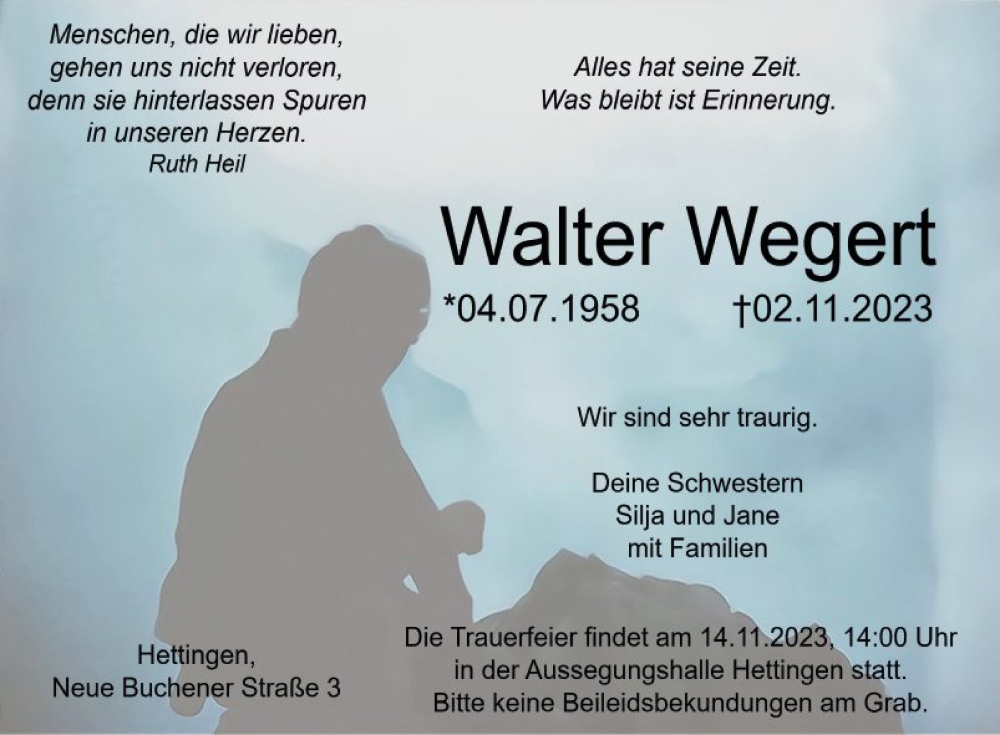  Traueranzeige für Walter Wegert vom 09.11.2023 aus Fränkische Nachrichten
