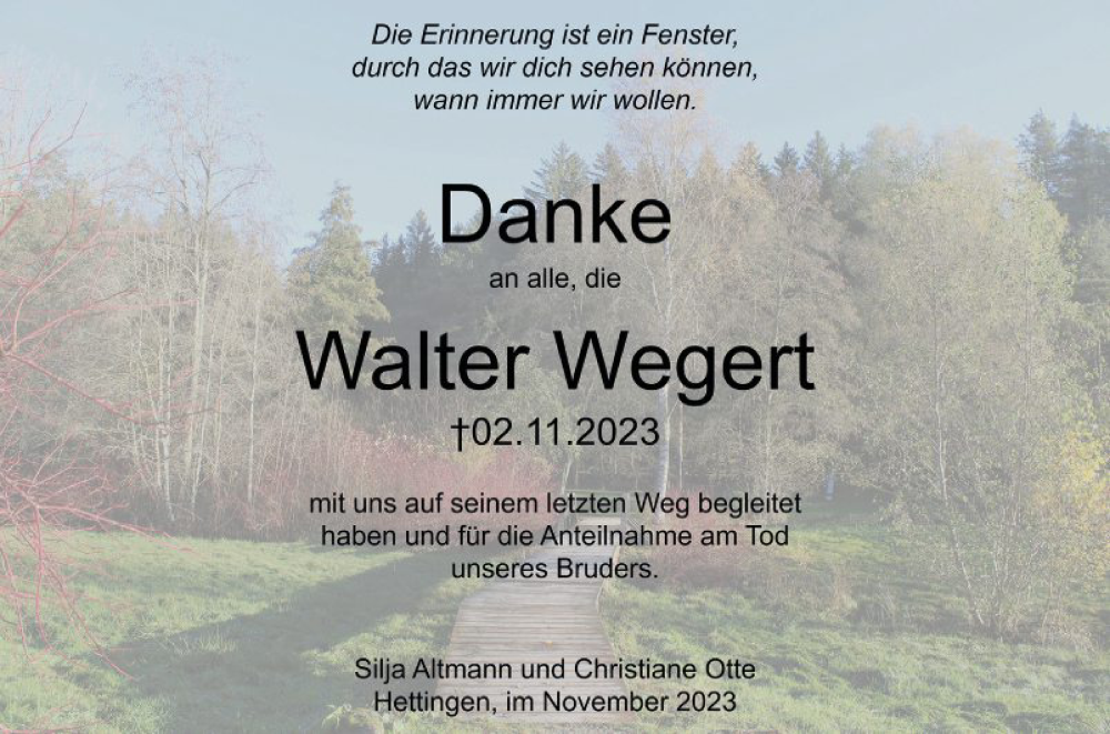  Traueranzeige für Walter Wegert vom 18.11.2023 aus Fränkische Nachrichten