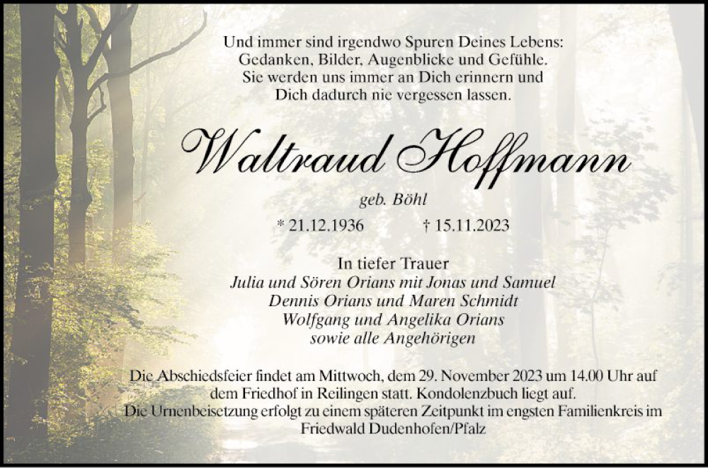  Traueranzeige für Waltraud Hoffmann vom 25.11.2023 aus Schwetzinger Zeitung