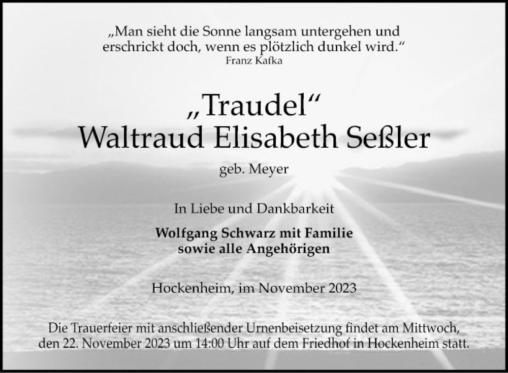  Traueranzeige für Waltraud Elisabeth Seßler vom 18.11.2023 aus Schwetzinger Zeitung