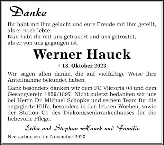 Traueranzeige von Werner Hauck von Mannheimer Morgen