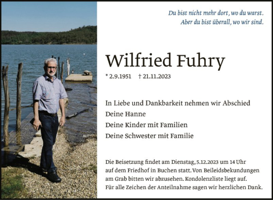 Traueranzeige von Wilfried Fuhry von Fränkische Nachrichten