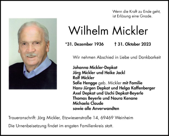 Traueranzeige von Wilhelm Mickler von Bergsträßer Anzeiger