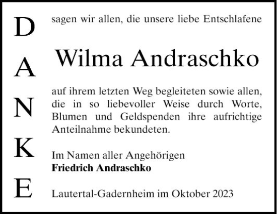 Traueranzeige von Wilma Andraschko von Bergsträßer Anzeiger