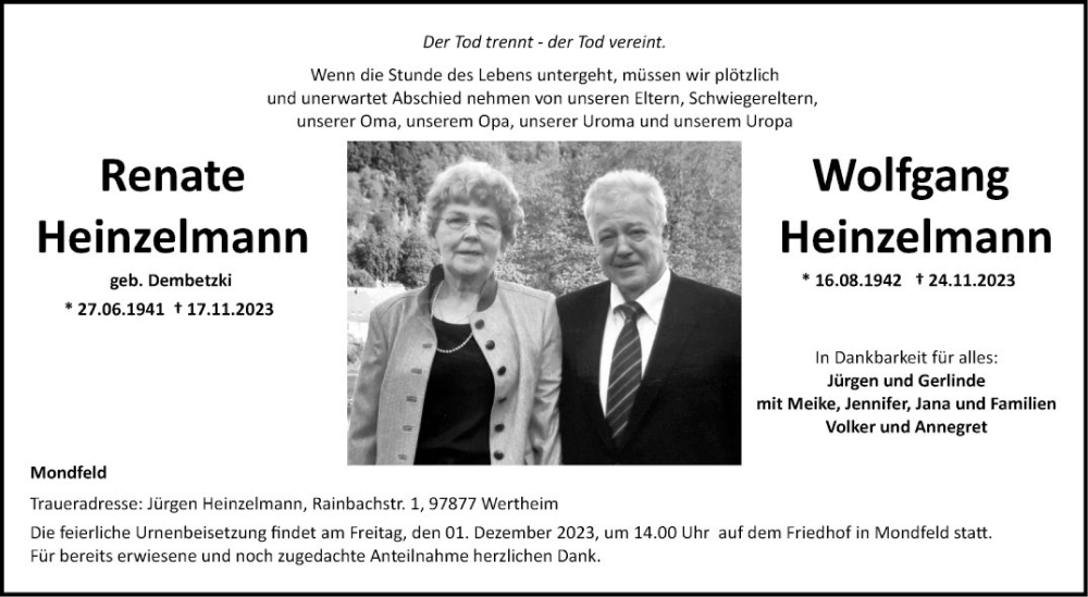  Traueranzeige für Wolfgang Heinzelmann vom 28.11.2023 aus Fränkische Nachrichten