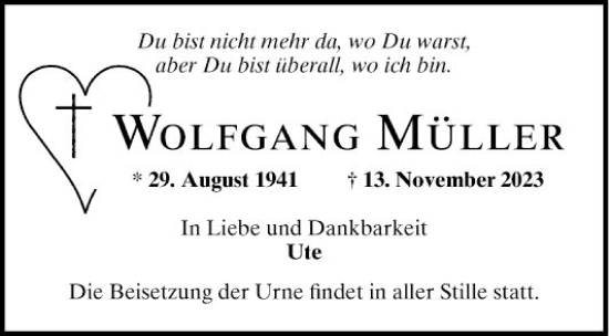 Traueranzeige von Wolfgang Müller von Mannheimer Morgen