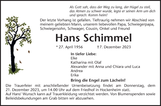 Traueranzeige von Hans Schimmel von Schwetzinger Zeitung