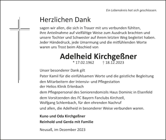 Traueranzeige von Adelheid Kirchgeßner von Fränkische Nachrichten