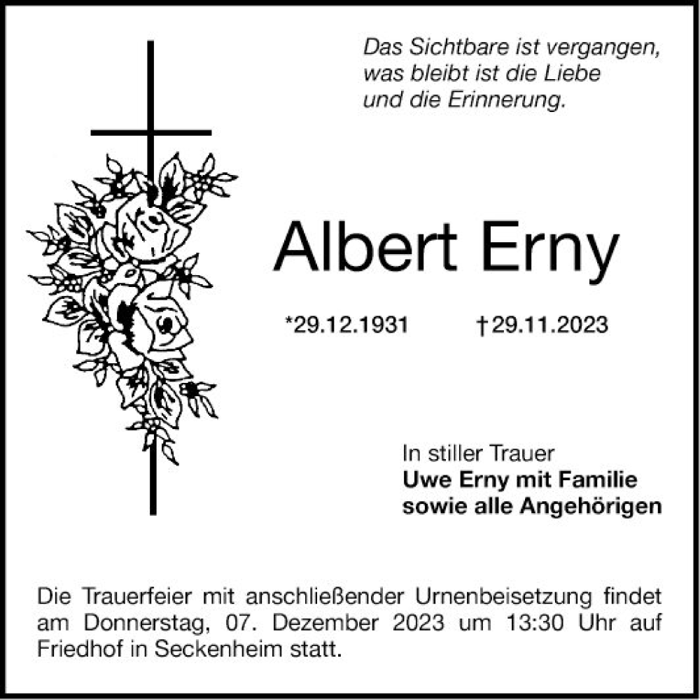  Traueranzeige für Albert Erny vom 02.12.2023 aus Mannheimer Morgen