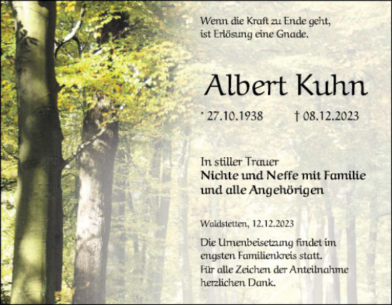 Traueranzeige von Albert Kuhn von Fränkische Nachrichten