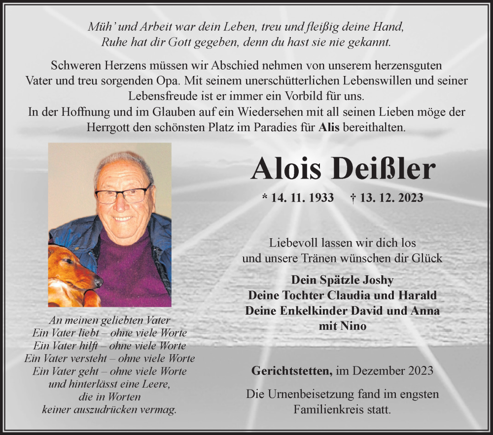  Traueranzeige für Alois Deißler vom 23.12.2023 aus Fränkische Nachrichten