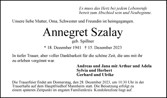 Traueranzeige von Annegret Szalay von Mannheimer Morgen