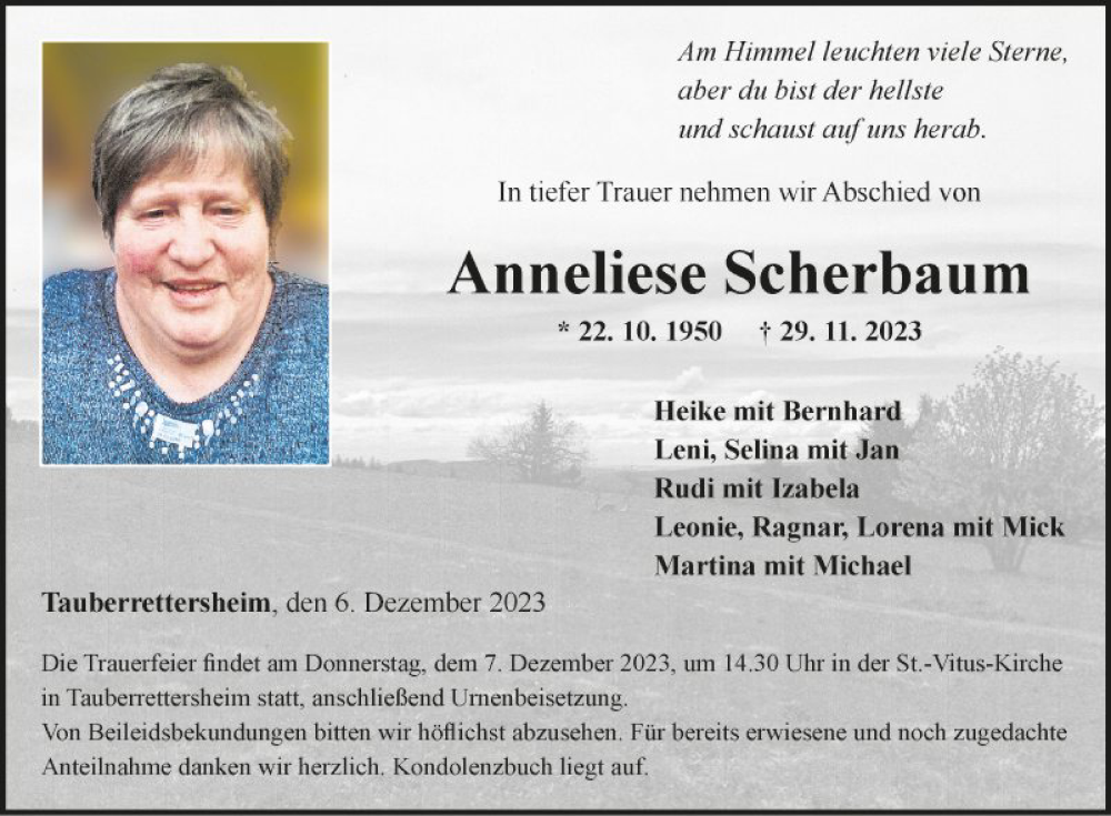  Traueranzeige für Anneliese Scherbaum vom 06.12.2023 aus Fränkische Nachrichten