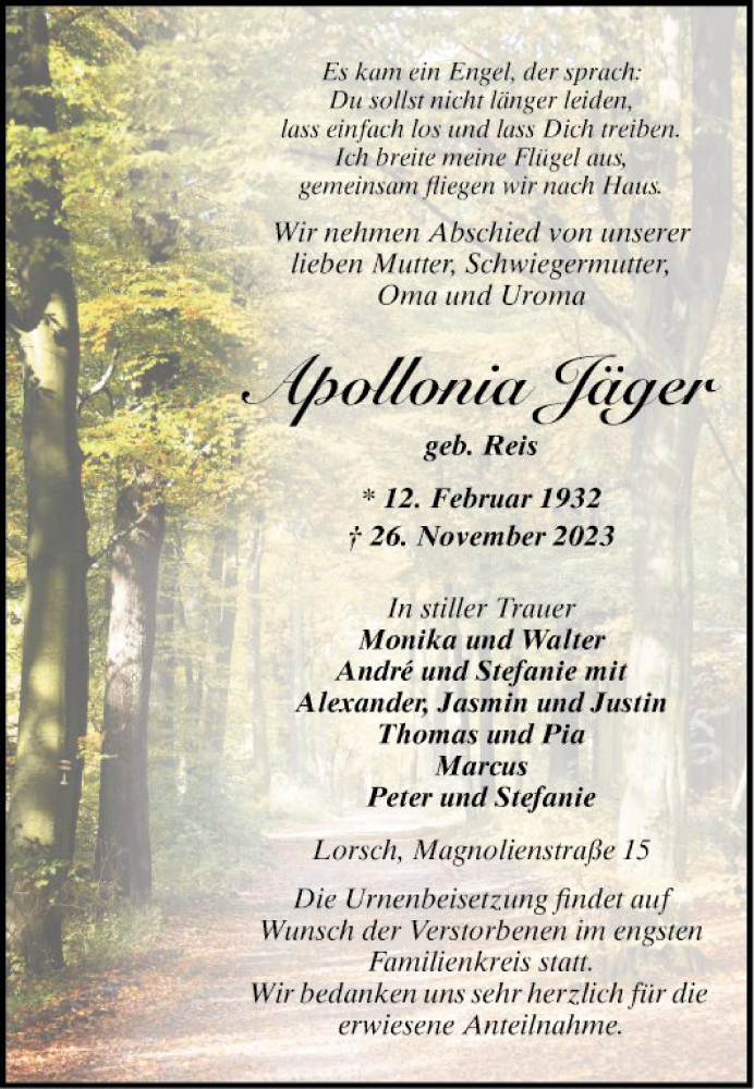  Traueranzeige für Apollonia Jäger vom 02.12.2023 aus Bergsträßer Anzeiger
