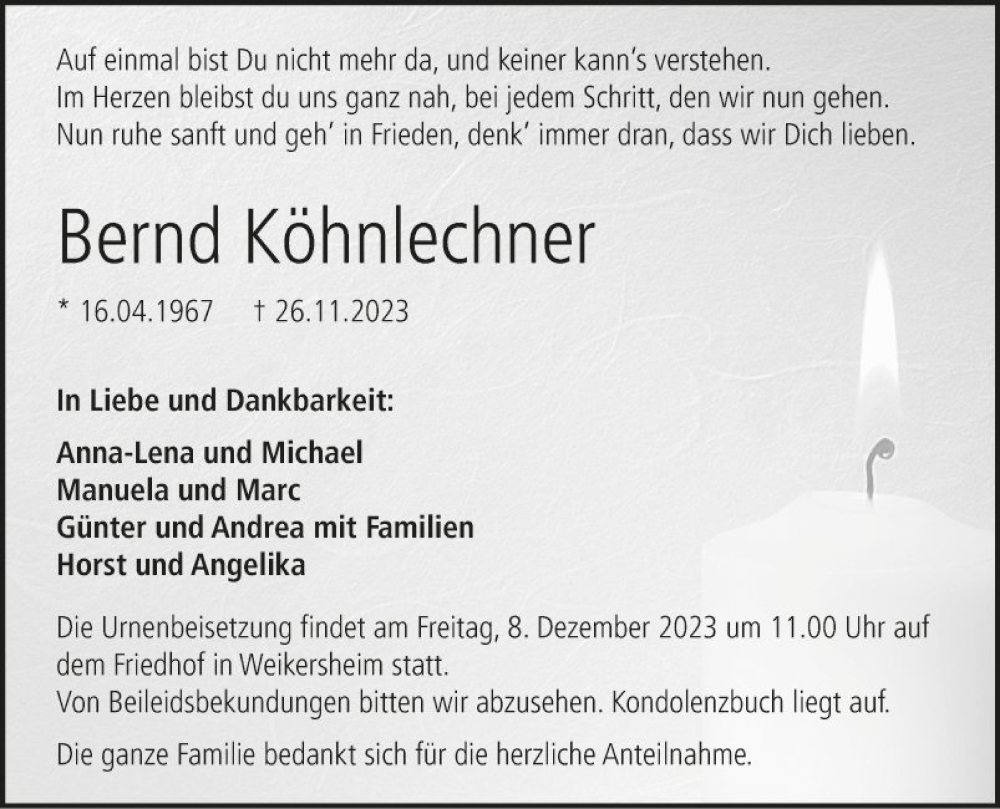  Traueranzeige für Bernd Köhnlechner vom 06.12.2023 aus Fränkische Nachrichten