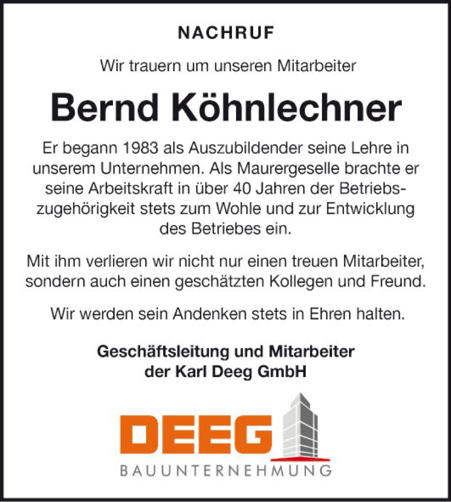  Traueranzeige für Bernd Köhnlechner vom 06.12.2023 aus Fränkische Nachrichten