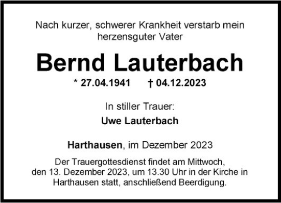 Traueranzeige von Bernd Lauterbach von Fränkische Nachrichten