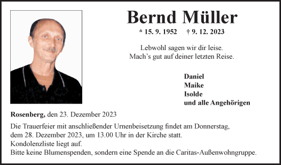 Traueranzeige von Bernd Müller von Fränkische Nachrichten