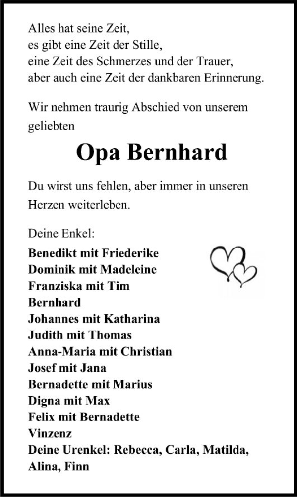  Traueranzeige für Bernhard  vom 20.12.2023 aus Fränkische Nachrichten