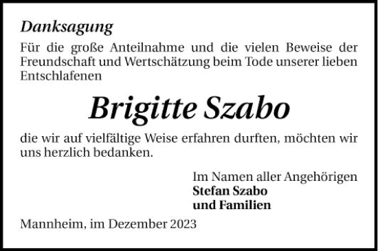 Traueranzeige von Brigitte Szabo von Mannheimer Morgen