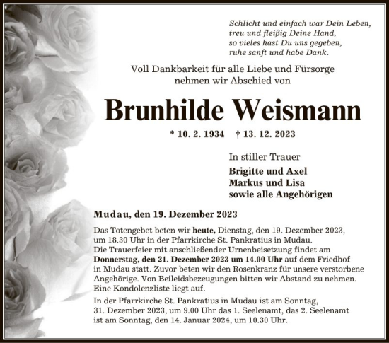 Traueranzeige von Brunhilde Weismann von Fränkische Nachrichten