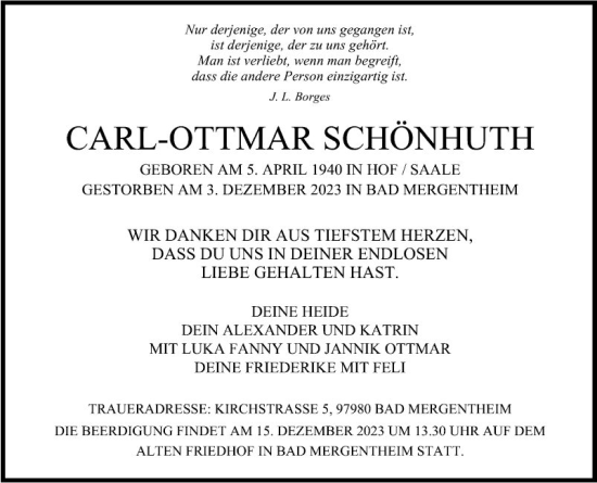Traueranzeige von Carl-Ottmar Schönhuth von Fränkische Nachrichten