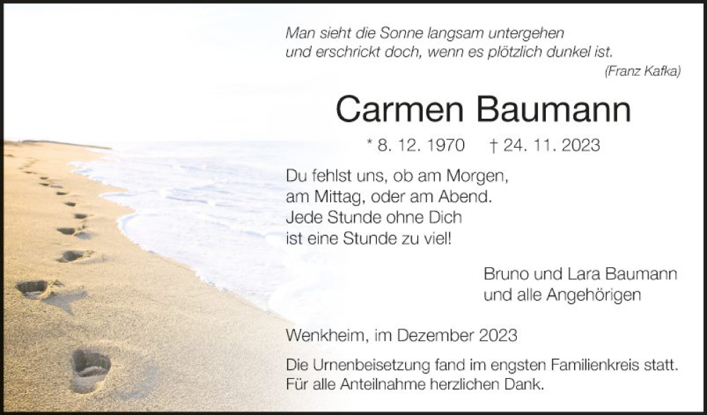  Traueranzeige für Carmen Baumann vom 19.12.2023 aus Fränkische Nachrichten