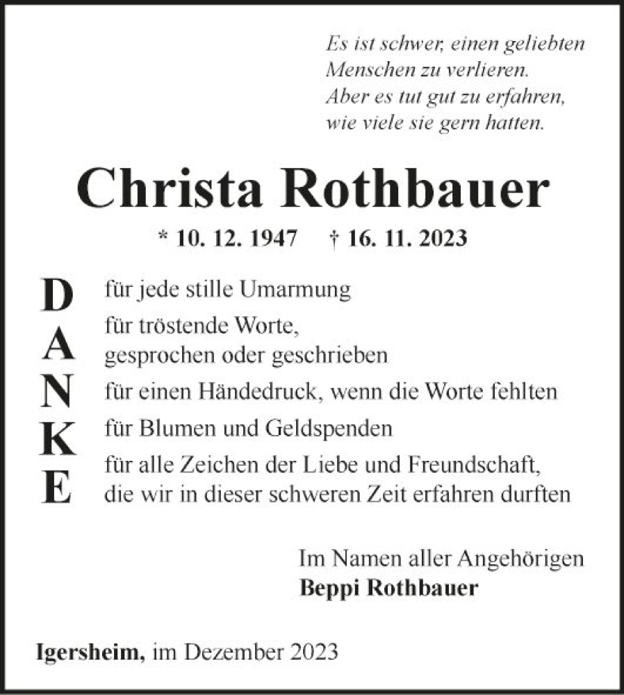  Traueranzeige für Christa Rothbauer vom 21.12.2023 aus Fränkische Nachrichten