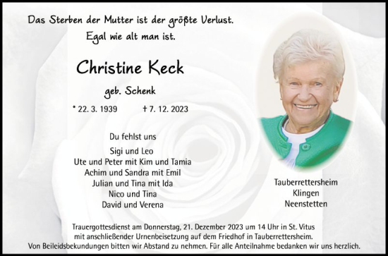Traueranzeige von Christine Keck von Fränkische Nachrichten