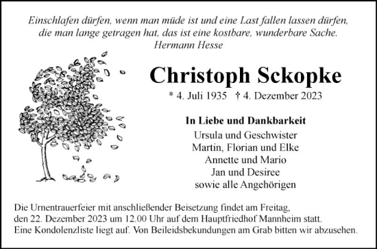 Traueranzeige von Christoph Sckopke von Mannheimer Morgen