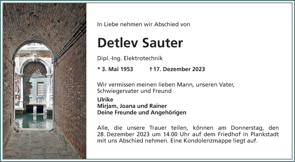  Traueranzeige für Detlev Sauter vom 23.12.2023 aus Schwetzinger Zeitung