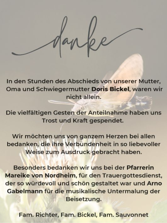 Traueranzeige von Doris Bickel von Bergsträßer Anzeiger
